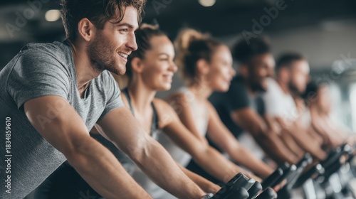 Wallpaper Mural Group of adults engaged in intense indoor cycling workout at a gym during a morning fitness class session Torontodigital.ca