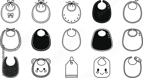 Set of Baby Bib Silhouettes in Decorative Styles Featuring Bows, Patterns, and Cartoon Elements for Infant Apparel and Design Use
