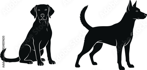 Dog silhouette illustration, sitting and standing posture, black and white contrast, canine body language, alert stance, calm pose, pet design, animal graphic, breed contrast, dog contour art