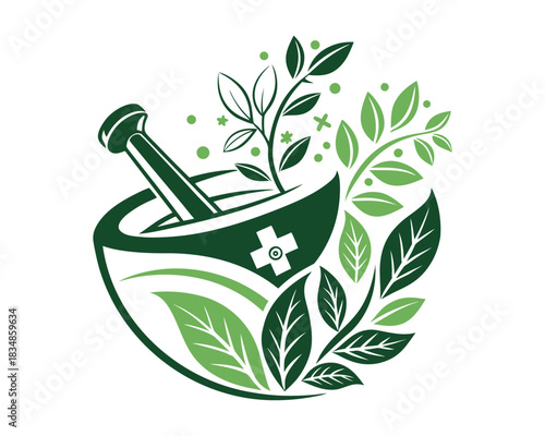 A stylized illustration of a mortar and pestle surrounded by vibrant green leaves and delicate plant stems, symbolizing natural remedies