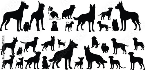 Dog silhouettes, breed diversity, small large dogs, black shapes, colored dog highlight, pet comparison, animal design, canine variety, illustration