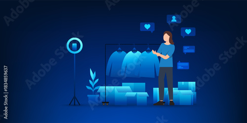 Online Shopping Live Stream Technology Background with Woman Selling Clothes via Mobile Phone, Digital Commerce, Social Media Marketplace, E Commerce Fashion Streaming, Interactive Buying Experience