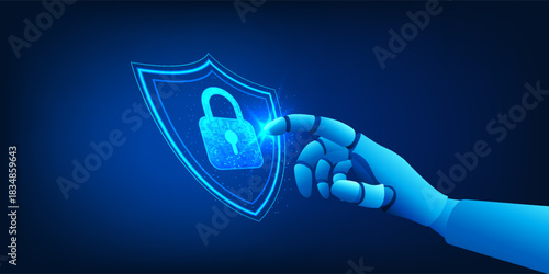 Cybersecurity AI Protection with Robotic Hand Touching Digital Lock, Secured Data System, Preventing Hacking, Malware Attack Shield, Intelligent Security Network and Safe Information Infrastructure