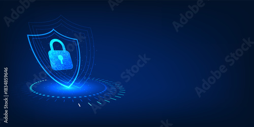 Cybersecurity Protection Background with Digital Shield, Data Security System, Anti Hack Defense, Preventing Data Theft, Malware and Virus Attack Protection, Secure Network Firewall, Scam Detection