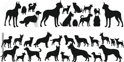 Dog silhouettes, breed variety, black figures, white background, posture, size diversity, pet design, isolated, graphic, minimal, stylized, canine, animal, domestic, walking, sitting, standing, tail,