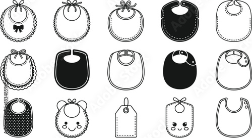 Set of Baby Bib Silhouettes in Various Styles Featuring Decorative Elements for Infant Apparel, Nursery Design, and Graphic Projects