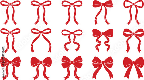 Set of Red Bow Silhouettes in Various Styles for Gift Packaging, Holiday Decoration, Fashion Design, and Festive Graphics
