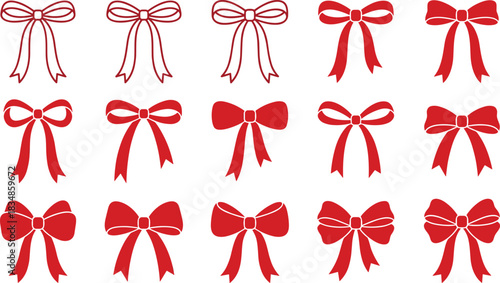 Set of Red Bow Silhouettes in Various Styles for Gift Wrapping, Holiday Decoration, Packaging Design, and Festive Graphics