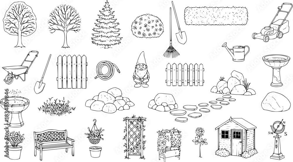 Fototapeta premium Hand-drawn collection of garden elements, tools, plants, and decorative items. Features trees, fences, wheelbarrow, gnomes, rocks, birdbath, bench, shed, and more in a sketch style.