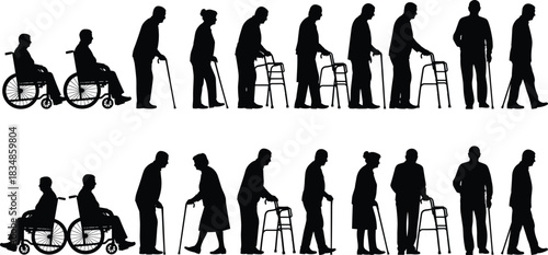 Elderly mobility silhouette, aging progression, wheelchair to walker, cane support, standing unaided, black and white contrast, healthcare concept