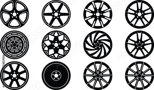 Silhouette collection of car wheel rim designs featuring various styles and patterns for automotive, mechanic, sport, and vehicle themes