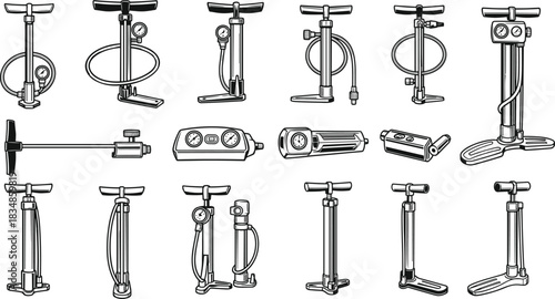 Set of Bicycle Pump Silhouettes Featuring Floor and Hand Designs with Gauges and Nozzles for Cycling Maintenance and Graphic Use
