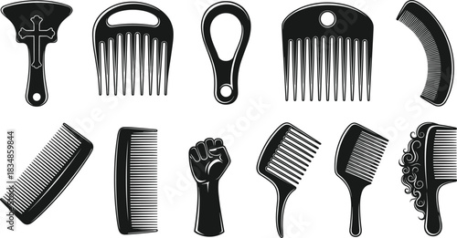 Silhouette collection of combs and hair picks featuring diverse styles for grooming, beauty, fashion, culture, and personal care design
