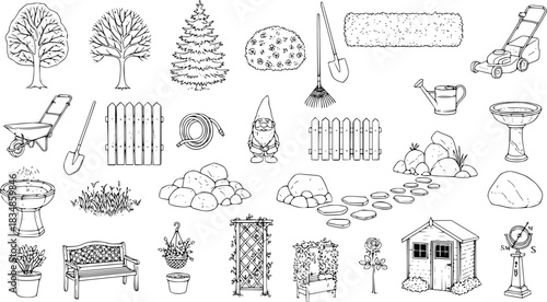 Hand-drawn collection of garden elements, tools, plants, and decorative items. Features trees, fences, wheelbarrow, gnomes, rocks, birdbath, bench, shed, and more in a sketch style.