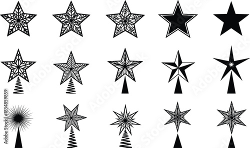 Set of Black and White Star Silhouettes with Geometric Bases for Holiday Tree Toppers, Festive Decor, and Graphic Design