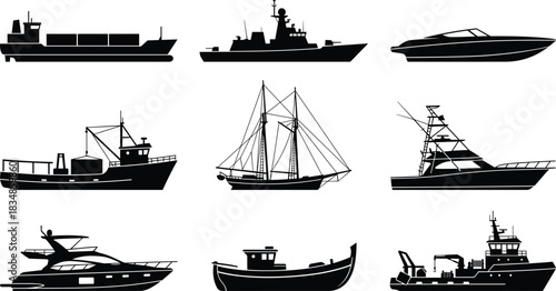 Silhouette collection of diverse boats and ships including cargo, fishing, yacht, and naval vessels for marine, transport, and nautical design