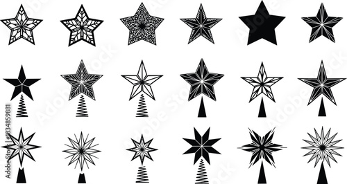 Set of Black and White Star Silhouettes with Geometric Patterns for Holiday Decor, Tree Toppers, and Graphic Design Projects