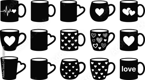Set of Black Coffee Mug Silhouettes with Heart and Love Designs for Valentine's Day, Romantic Themes, Cafe Decor, and Gifts