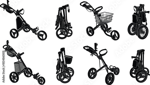 Silhouette set of foldable golf push carts in compact and open positions for sports, mobility, equipment, and outdoor design themes