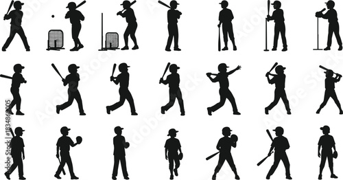 Silhouette Vector Set of Children Playing Baseball in Various Poses with Equipment, Batting, Pitching, and Training Actions in Black