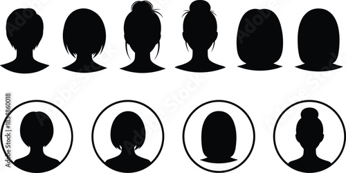 Female hairstyle silhouette collection, black woman head profile, bun, short hair, medium hair, vector avatar, beauty icon, fashion design