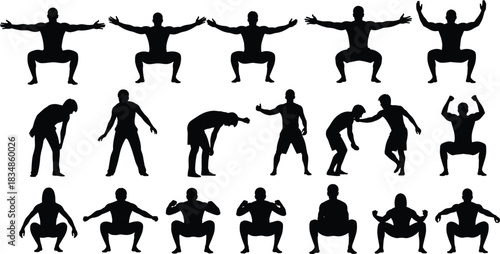 Silhouettes of human figures performing squat exercises and dynamic poses for fitness, workout, body mechanics, dance, and motion design