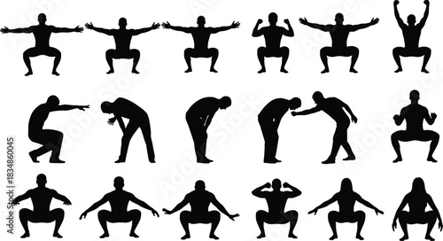 Silhouettes of human figures performing squat poses and movements for fitness, exercise, body mechanics, dance, and motion design themes