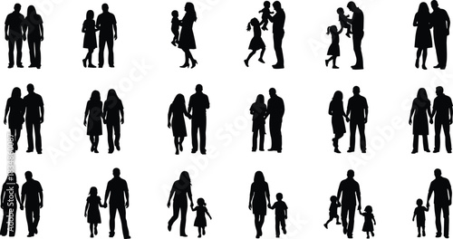 Family silhouettes, parents and children, walking, standing, lifting, interaction, bonding, black figures, white background, emotional, relationship