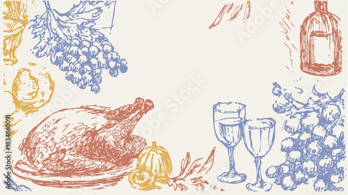 Thanksgiving feast border illustration with autumn foods