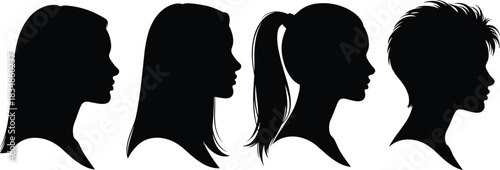 Female hairstyle silhouettes, head profiles, black outlines, ponytail, spiky hair, long hair, graphic design, fashion icon, side view, minimal 