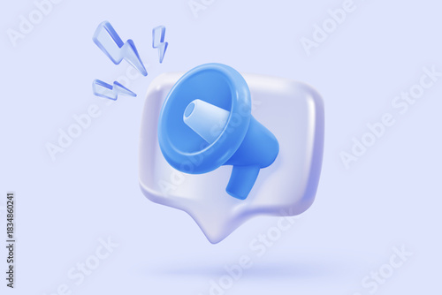 3d megaphone speaker or loudspeaker bullhorn for announce promotion in background, megaphone loud hailer with microphone, speakerphone. 3d icon vector render illustration for alert and announcement