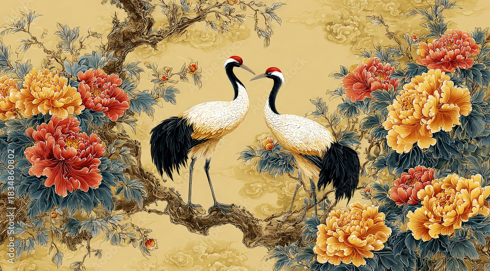 Obraz premium Two red - crowned cranes with peonies in a traditional Chinese painting style