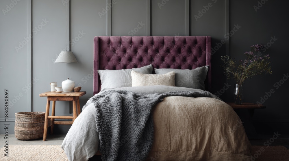 Fototapeta premium Modern bedroom with a large bed in the center. the bed has a purple tufted headboard and is covered with a beige comforter and two white pillows.