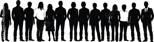 Group silhouettes, mixed attire, black figures, white shirts, casual formal blend, diversity concept, anonymous people, standing row, contrast design