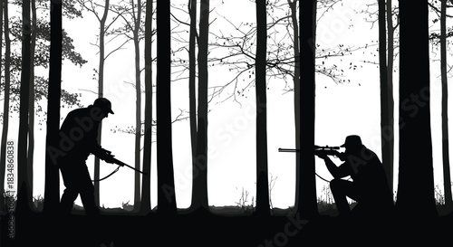 Forest silhouette with armed men, tactical scene, hunting posture, rifle aiming