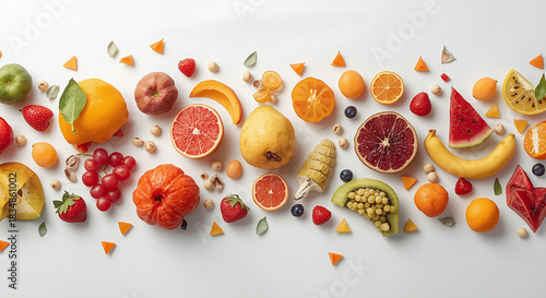  Colorful assorted fresh fruits and berries flat lay on white background, vibrant healthy food pattern for modern banner, website hero header or diet concept
