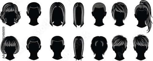 Haircut silhouettes, hairstyle variety, black heads, modern classic styles, curly straight wavy, fashion design, hair reference, beauty concept