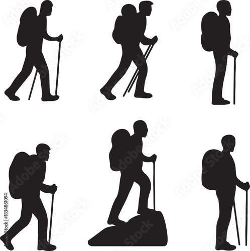 PrintSilhouettes of hikers with backpacks and trekking poles