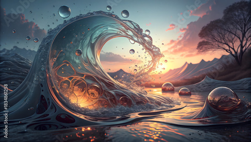 Fototapeta Naklejka Na Ścianę i Meble -  Surreal Ocean Wave With Bubbles At Sunset Over Mountains water liquid