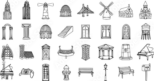 Hand-drawn black and white sketch set of architectural elements, city landmarks, urban street furniture, and common objects. Includes buildings, windows, doors, benches, and more.