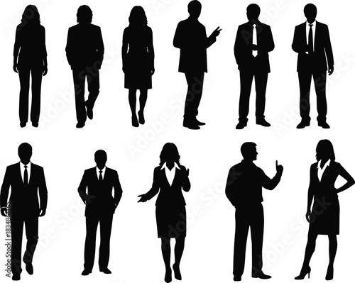 Business professional silhouettes, black vector icons, formal attire, workplace diversity, standing poses, corporate design, white background, minimal illustration
