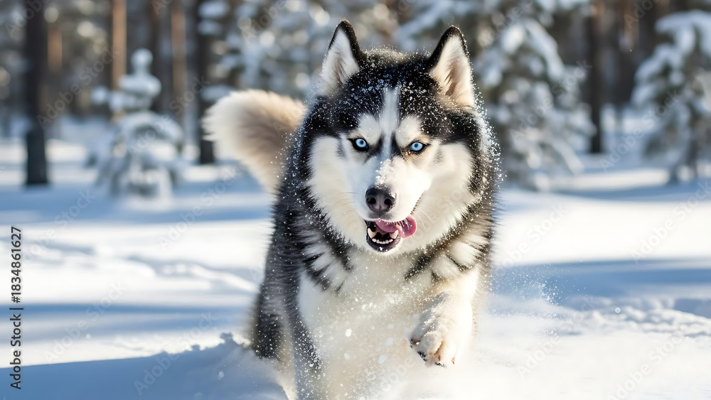 Naklejka premium Husky running through snowy forest with trees in background
