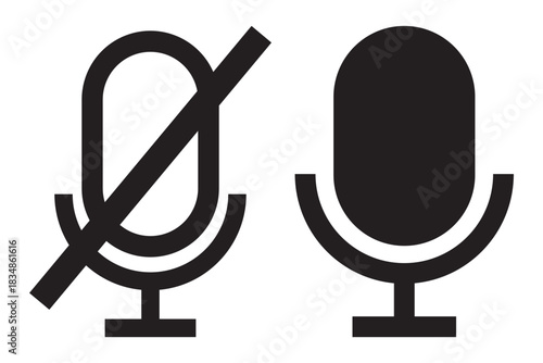 Crossed out microphone (mike) icon. Symbol of voice or sound. Pictogram for turning the sound on and off. An attribute of a singer, speaker, or announcer.