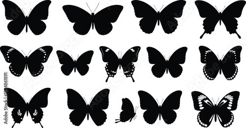 Butterfly silhouette collection, wing shapes, black outlines, insect icons, graphic design, nature art, pattern diversity, flying pose, entomology study, minimal style