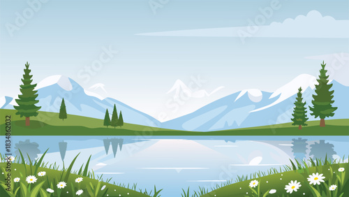 A peaceful landscape with mountains a lake trees and wildflowers is displayed