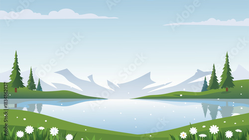serene landscape with mountains trees and a calm reflective lake view high quality
