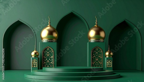 Elegant teal and  Islamic display stage with arches, pillars, perfect for festive events.