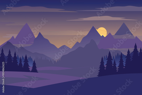A serene landscape featuring silhouetted mountains and a glowing full moon scene