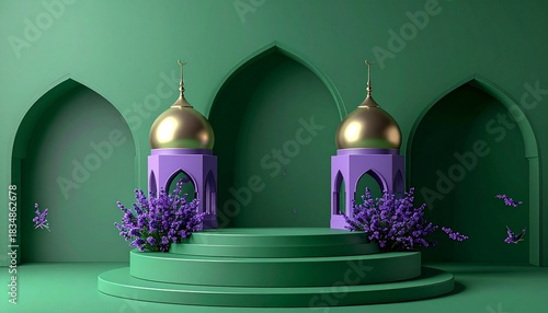 Elegant teal and  Islamic display stage with arches, pillars, perfect for festive events.