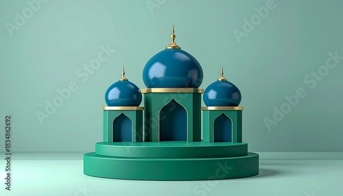 Elegant teal and  Islamic display stage with arches, pillars, perfect for festive events.